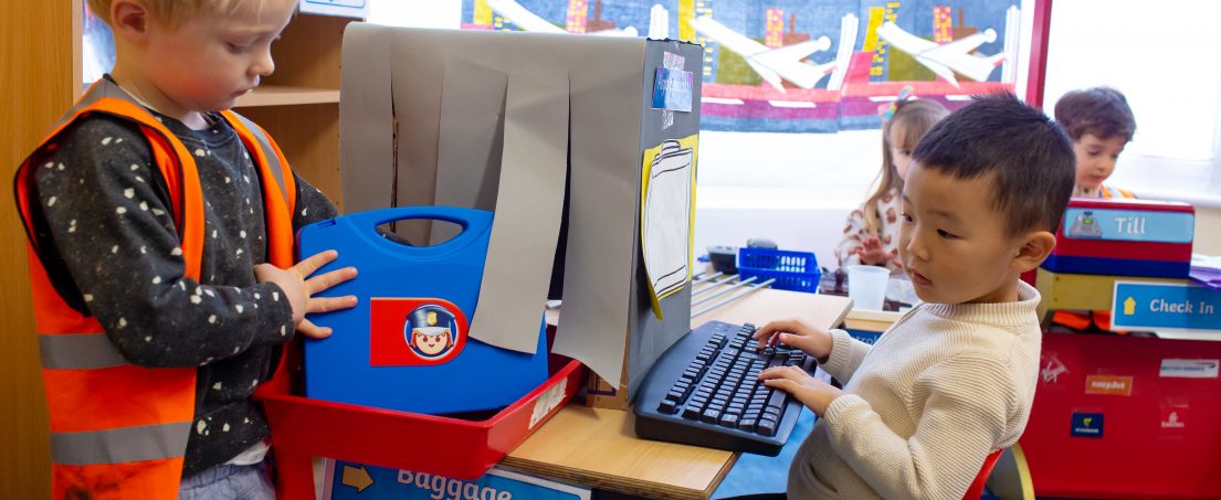 boy using a makeshift PC where items are added to a 